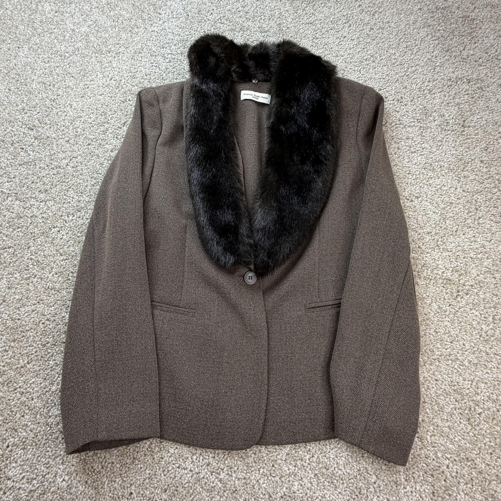 Amanda Smith Petite Blazer Jacket Womens Petites 10P Brown Faux Fur Collar Tweed